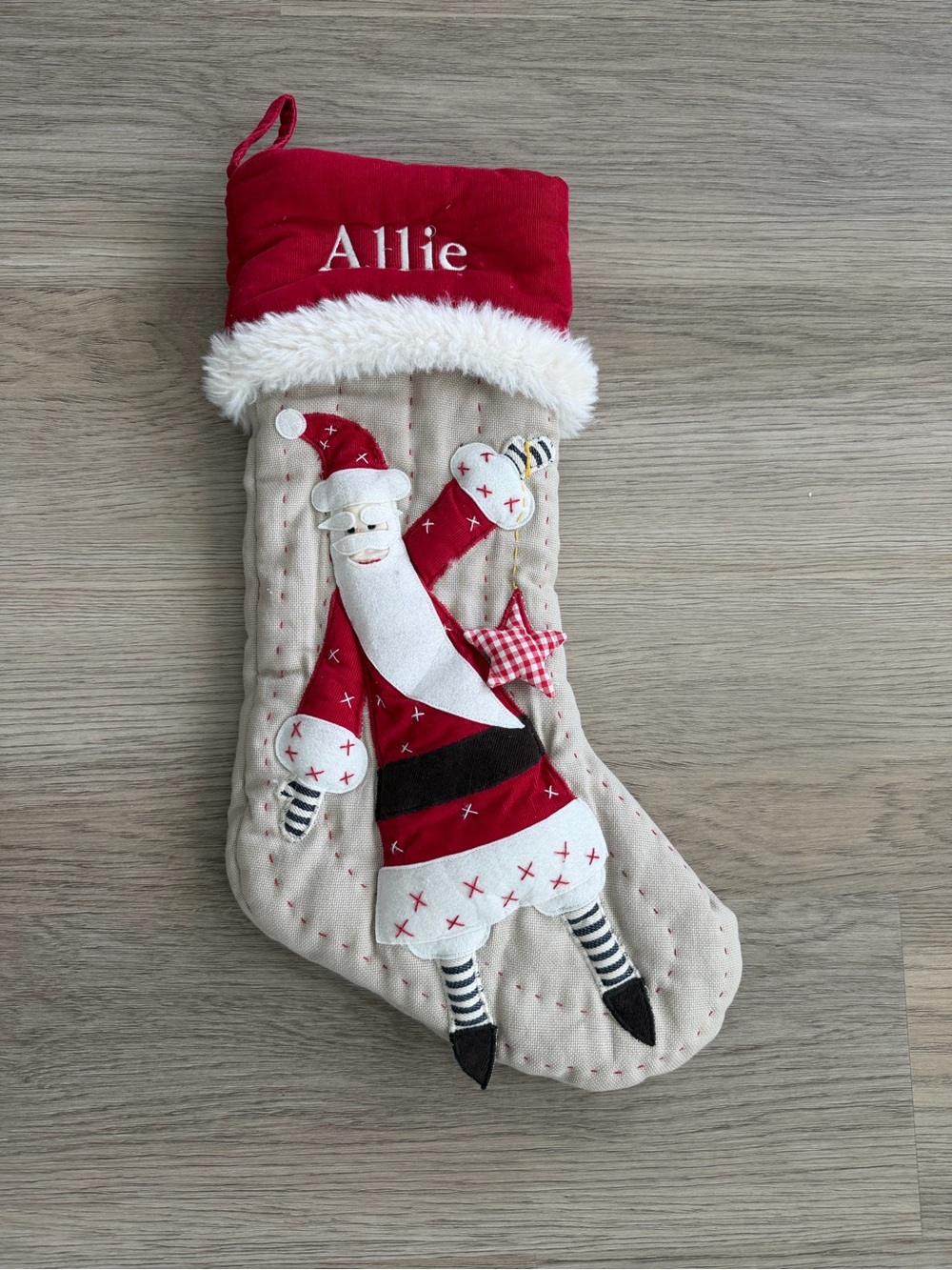 Pottery Barn Red and Cream Santa Christmas Stocking
